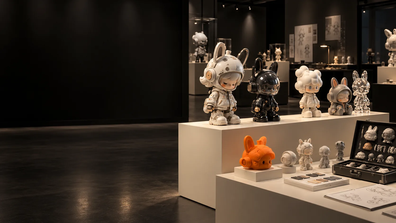 designer collectibles arranged in a museum display studio