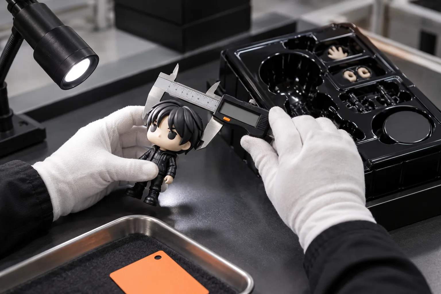 Technician inspecting designer collectibles at a quality desk